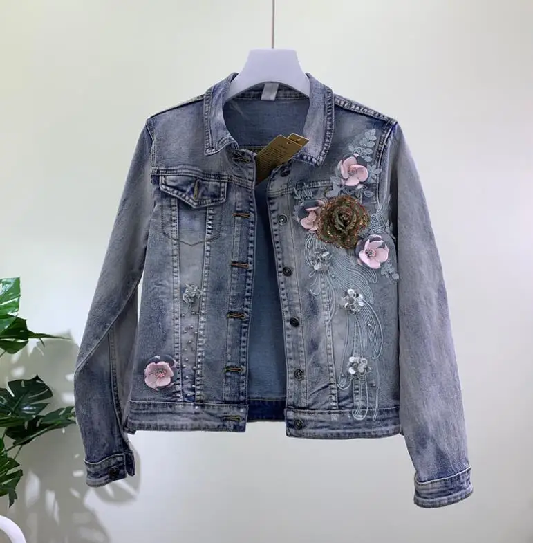 

2019 spring new slim three-dimensional flower beaded short stretch denim jacket women casual jeans basic coat 1906