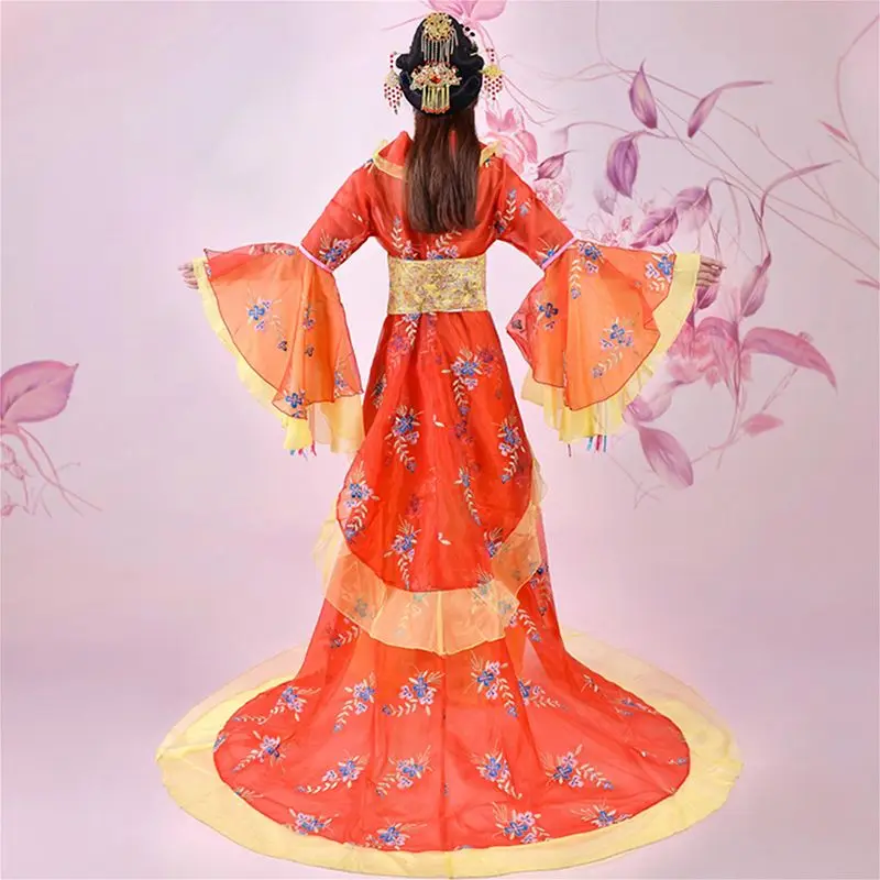 Великолепный оранжевый Древние китайские Инфанта "Peri" выше лодыжки с цветочной вышивкой, большой хвост платье в народном стиле платье принцессы для косплея один размер 081601