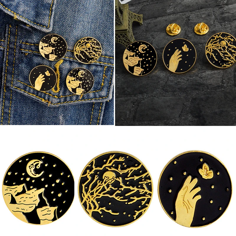 

New Men Women Fashion Jewelry Alloy Badges Creative Dark Pins Star Moon Mountain Enamel Pins Hard Enamel Pin Badges