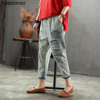 

2019 Embroidery All Match Jeans for woman Summer Elastic waist pants with strawing Female Trousers Ankle Length Pants A0BZ30
