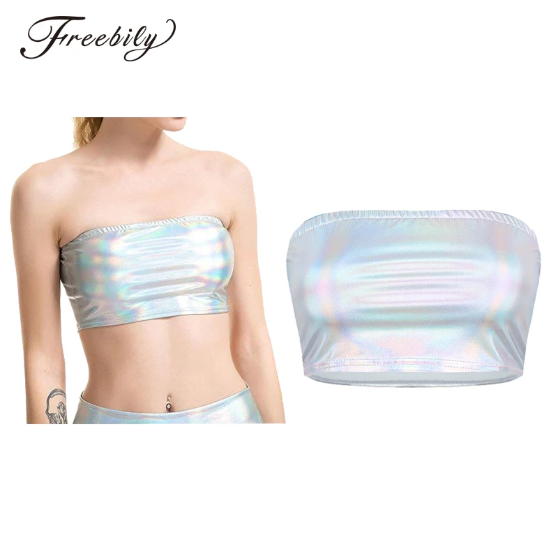 

Shiny Silver Holographic Multi Colors Designs Tank Tops Fashion Strapless Tube Top Bandeau Bra Crop Top Women Sexy Club Camis