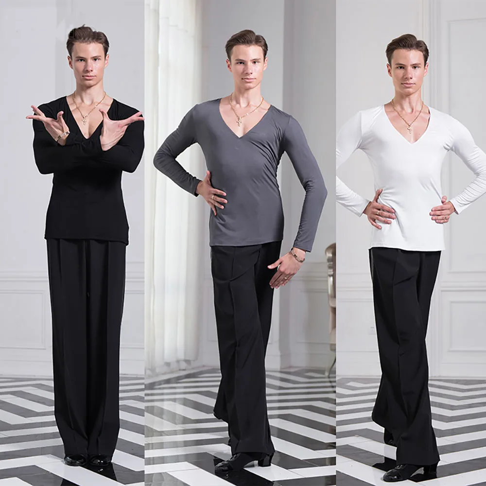 

Cheap Latin Dance Shirts For Males Black Gary White Long Sleeve Tops Men Adult Latino Chacha Professional Ballroom Frocks B048