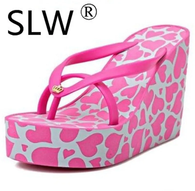 

11cm thick bottom platform flip flops muffins clip toe slippers ladies roman style wedges slides beach shoes print shoe
