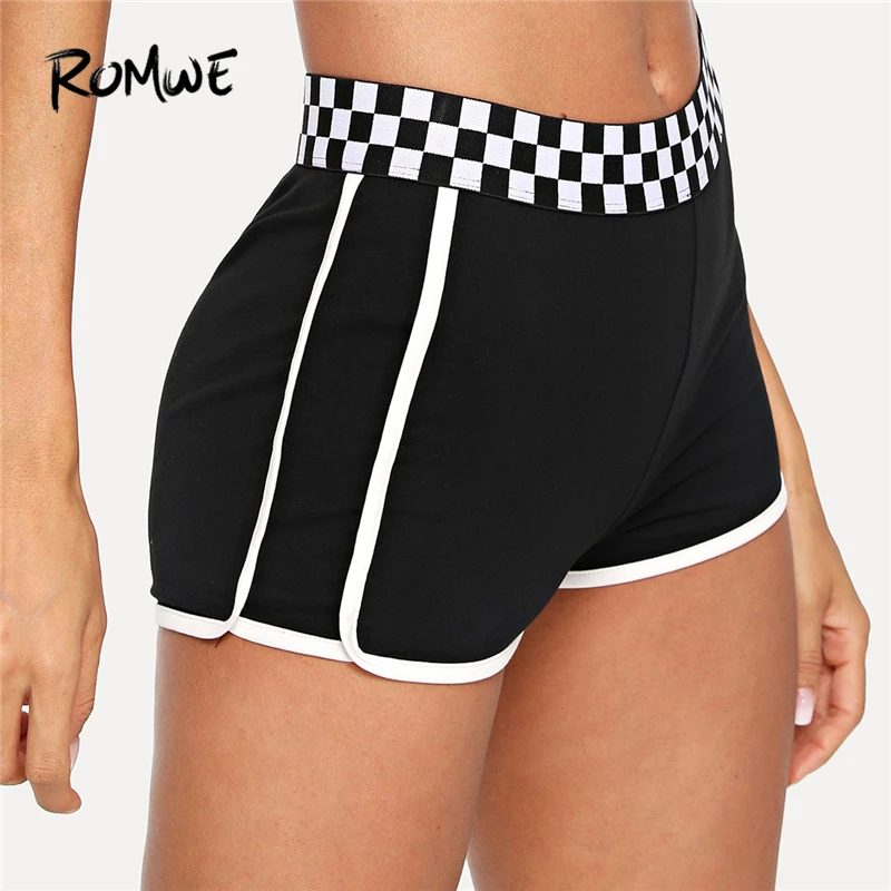 

Romwe Sport Black Waist Plaid Striped Shorts Women Summer Gingham Track Yoga Spor Shorts Sporty Fitness Running Tights Bottoms
