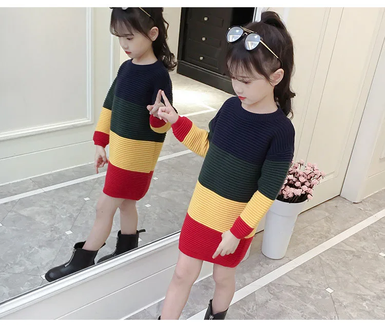 2018 autumn winter patchwork striped knit dresses for teenage girls sweater clothing kids fleece warm knitting dress clothes (9)