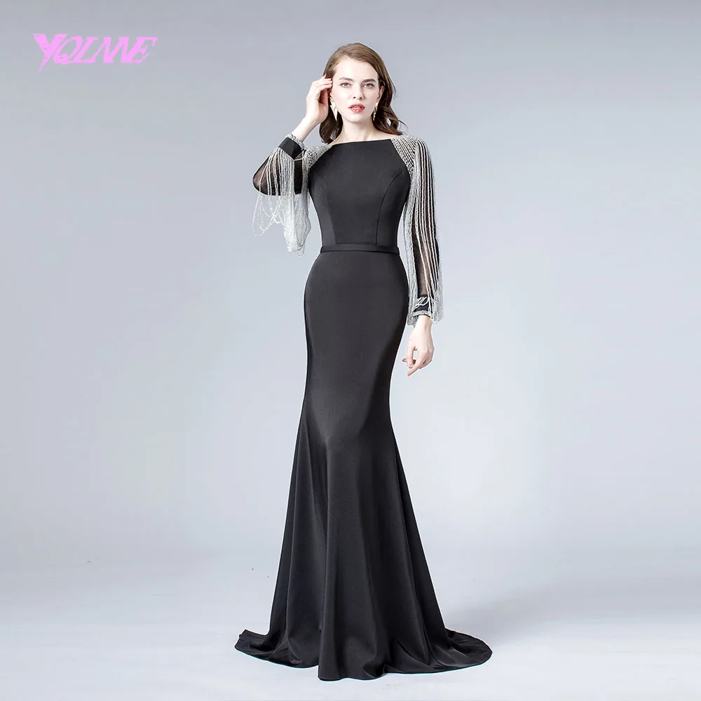 Элегантное черное с длинным рукавом вышитое кристаллами вечернее платье Формальное вечернее платье «русалка» платья YQLNNE - Цвет: Черный