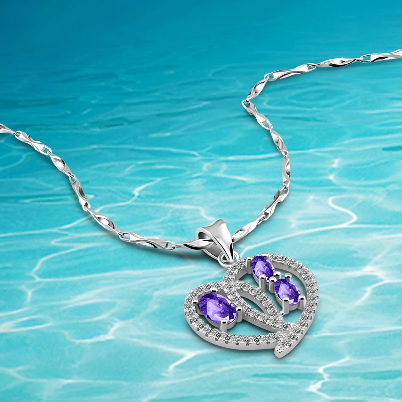 

Free shipping S925 sterling silver amethyst necklace Korean female fashion jewelry lovers heart-shaped pendant birthday gift