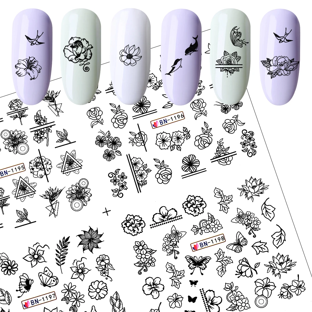 12 видов дизайн ногтей черная наклейка переноса воды Стикеры татуировки фольга DIY цветок розы слайдер обертывания бумага для маникюра украшения Маникюр
