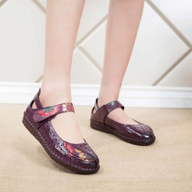 OUKAHUI Vintage Style Floral Genuine Leather Summer Flat Sandals For Women Shoes Low Heel Hollow Breathable Soft Sandals Woman