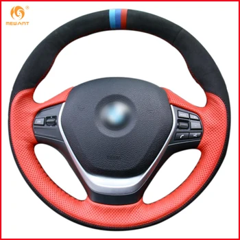 

MEWANT Red Genuine Leather Black Suede Car Steering Wheel Cover for BMW F20 2012-2018 F45 2014-2018 F30 F31 F34 2013-2017