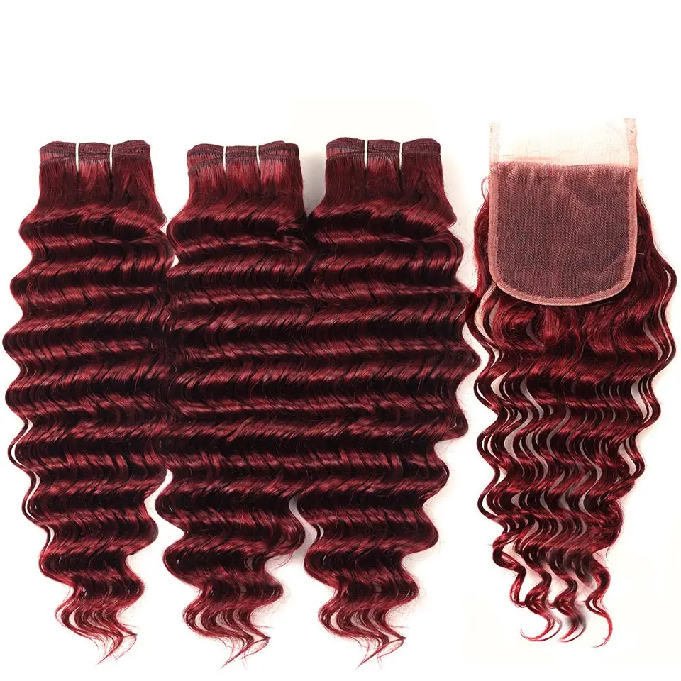 Pinshair 99J бордовый Связки с закрытием Red глубокая волна малайзийские натуральные волосы ткань 3 Связки с закрытием не Реми не путать