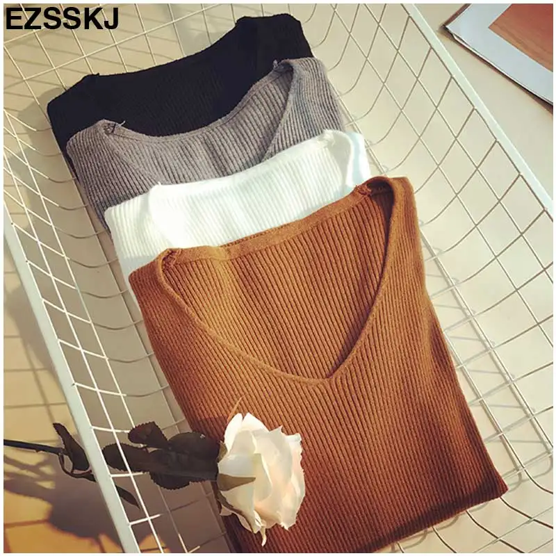 

Spring Autumn V Neck Knitted Pullovers Women Slim Fit Knitting Sweater Elastic Solid Color Jumpers Feminina women sweater