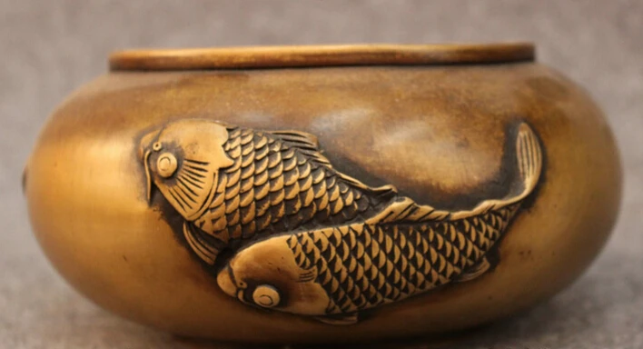 

S3861 Folk Chinese Buddhism Bronze Wealth Fish Statue Jar Bowl Incense Burner Censer D0317