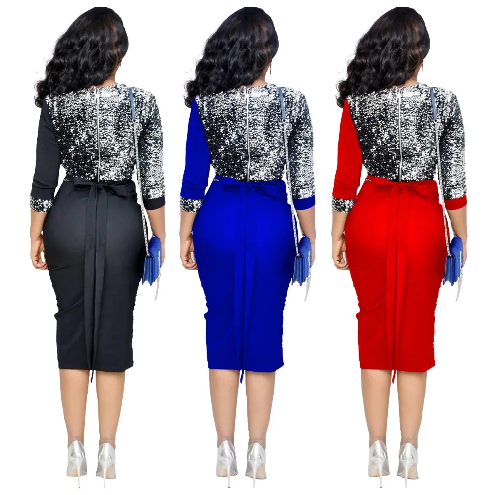 Модные сексуальные рукава блесток Тонкий Bodycon миди платье для женщин Глубокий V