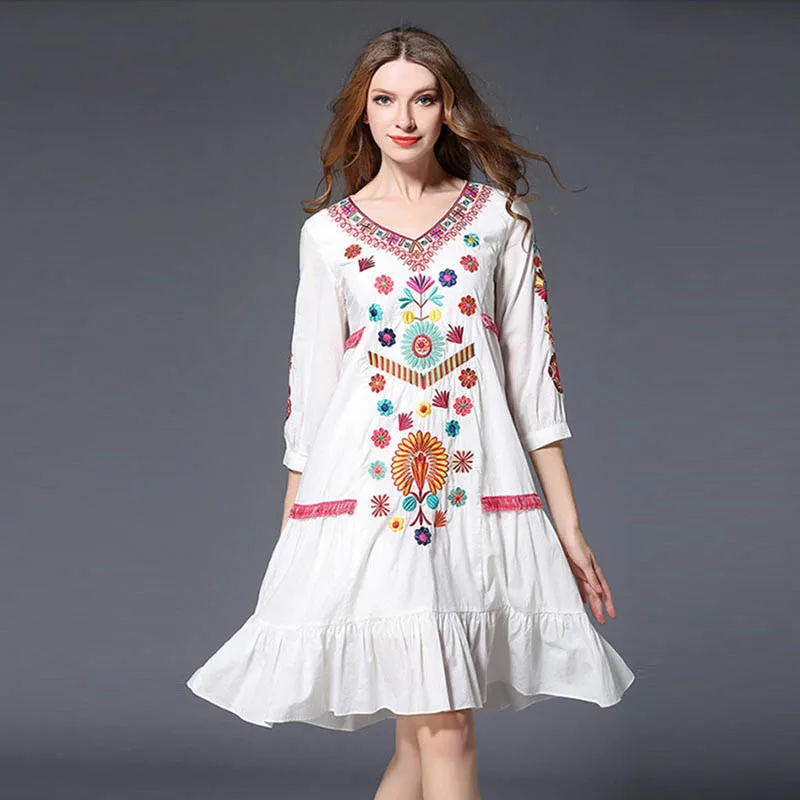

Bohemian Dress Chic Summer Party Dresses Women Loose Luxury Embroidery Midi Dresses Female Casual Boho Beach Robe