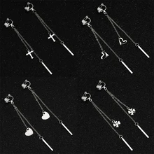 Серьги с геометрическими кисточками, без пирсинга, клипсы для ушей, металлический крест/Сердце/Клевер/полоска, клипсы, серьги без пирсинга, длинные серьги CE314