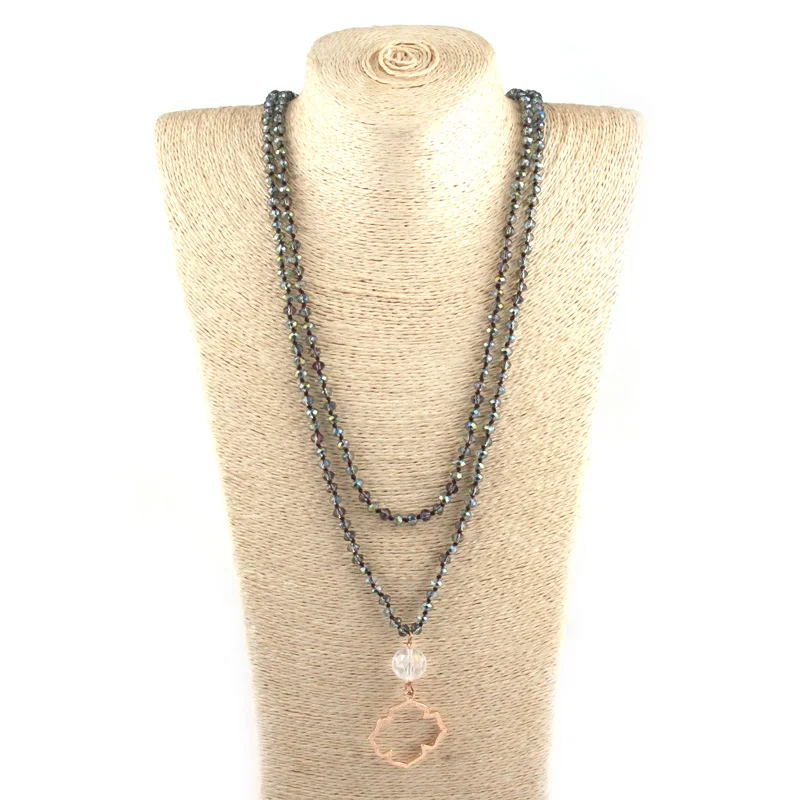 

Fashion Mini Crystal Glass Knotted Crystal Ball Link Metal Flower Drop Pendant Necklace