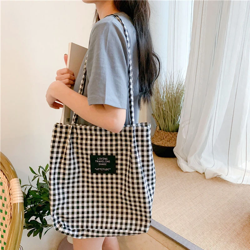 Bolso de hombro de lona a cuadros para mujer, bolsa de tela algodón, ecológico, sencillo, a cuadros, literario|Bolsos de hombro| - AliExpress