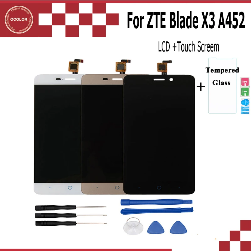 

ocolor For ZTE BLADE X3 A452 t620 LCD Display Touch Screen Assembly Perfect Repair Part 5.0 Inch For ZTE X3 A452 +Tools +Film