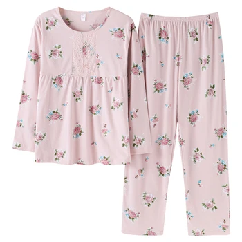 

Floral Tee & Pants 2pieces Pajama Set Plus Size M-4XL Round Neck Women Suits 2018 New Autumn Long Sleeve Casual Pajama Set