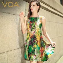 VOA Stretch printed spandex silk satin dress slip color square collar big dresses A5127