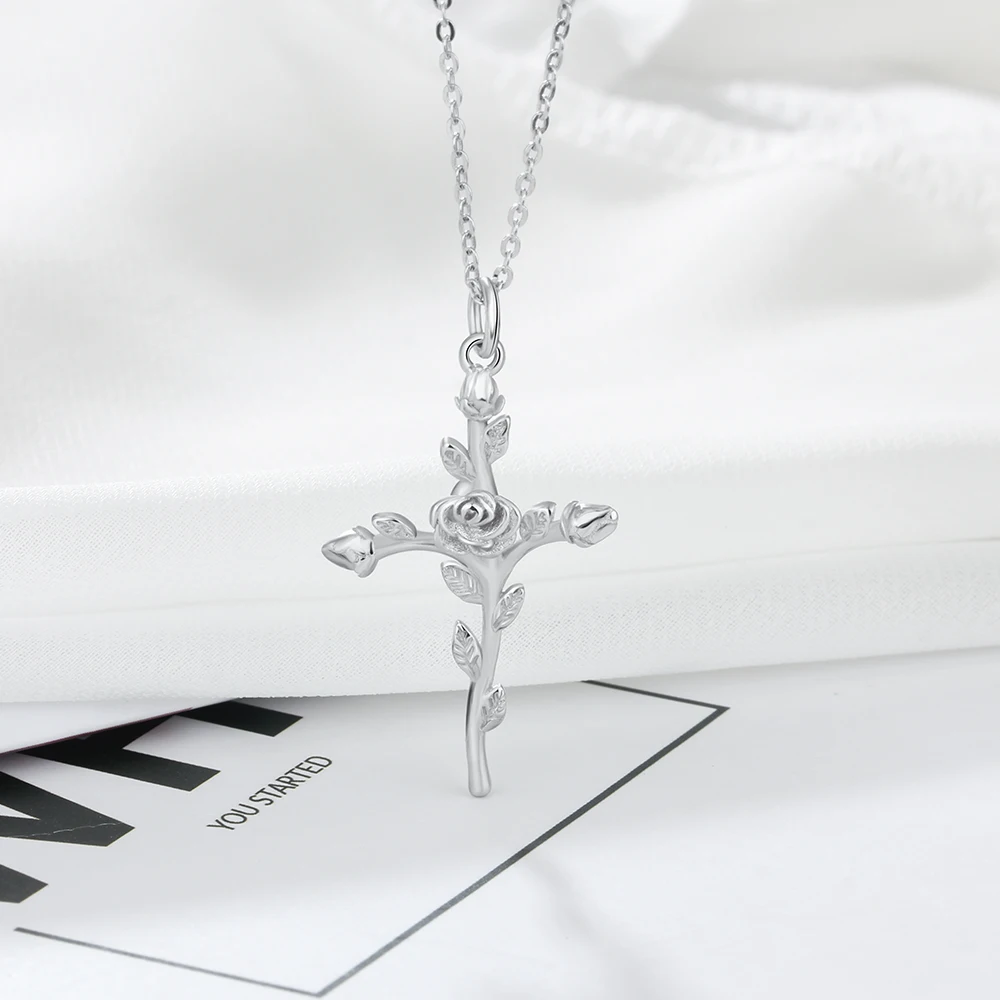 Винтажное ожерелье с подвеской в виде креста розы из 925 пробы серебра для женщин, модные вечерние ювелирные изделия золотого/розового цвета, подарок(JewelOra NE102030