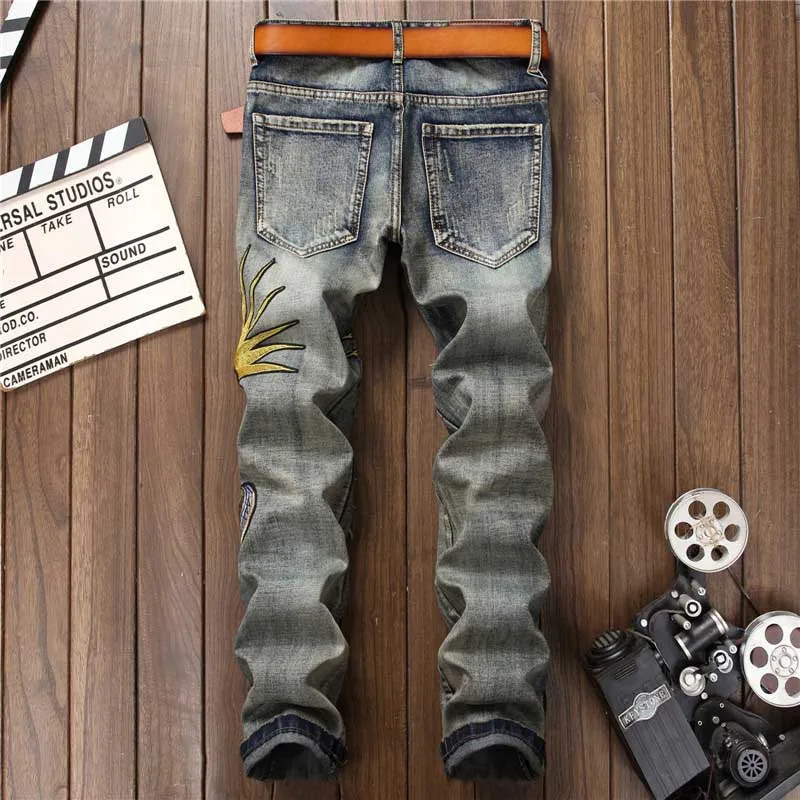 Mcikkny Retro Men's Fashion Ripped Jeans Pants Cobra Embroidered Denim Trousers Male Streetwear Pleated Jeans Pants Straight
