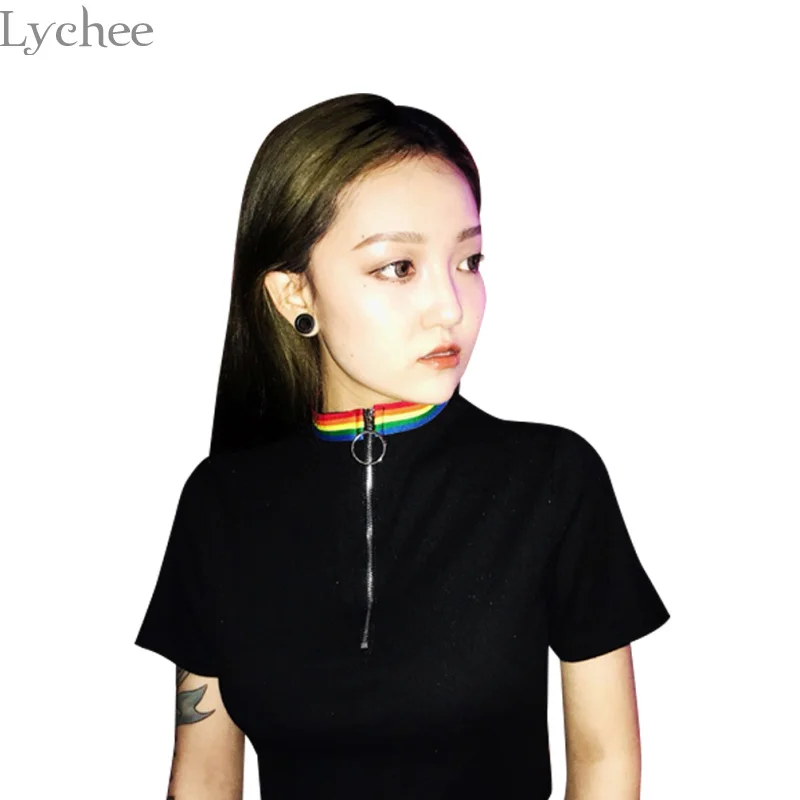Lychee Harajuku Радуга Полосатый Молния Летняя женская футболка короткий рукав