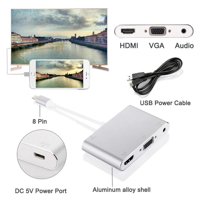 HDMI к VGA адаптер для iPhone к HDMI VGA Аудио ТВ AV конвертер кабель 1080P с USB кабель для iPhone XS Max X XR 7 8 Plus iPad