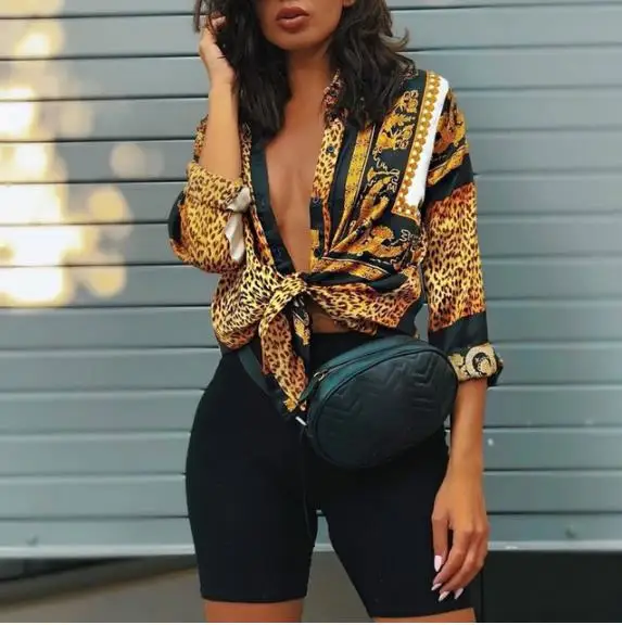 

2019 Spring Women Elegant Party Loose Button Shirt Turn-down Collar Female Leopard Print Knot Front Long Sleeve Blouse
