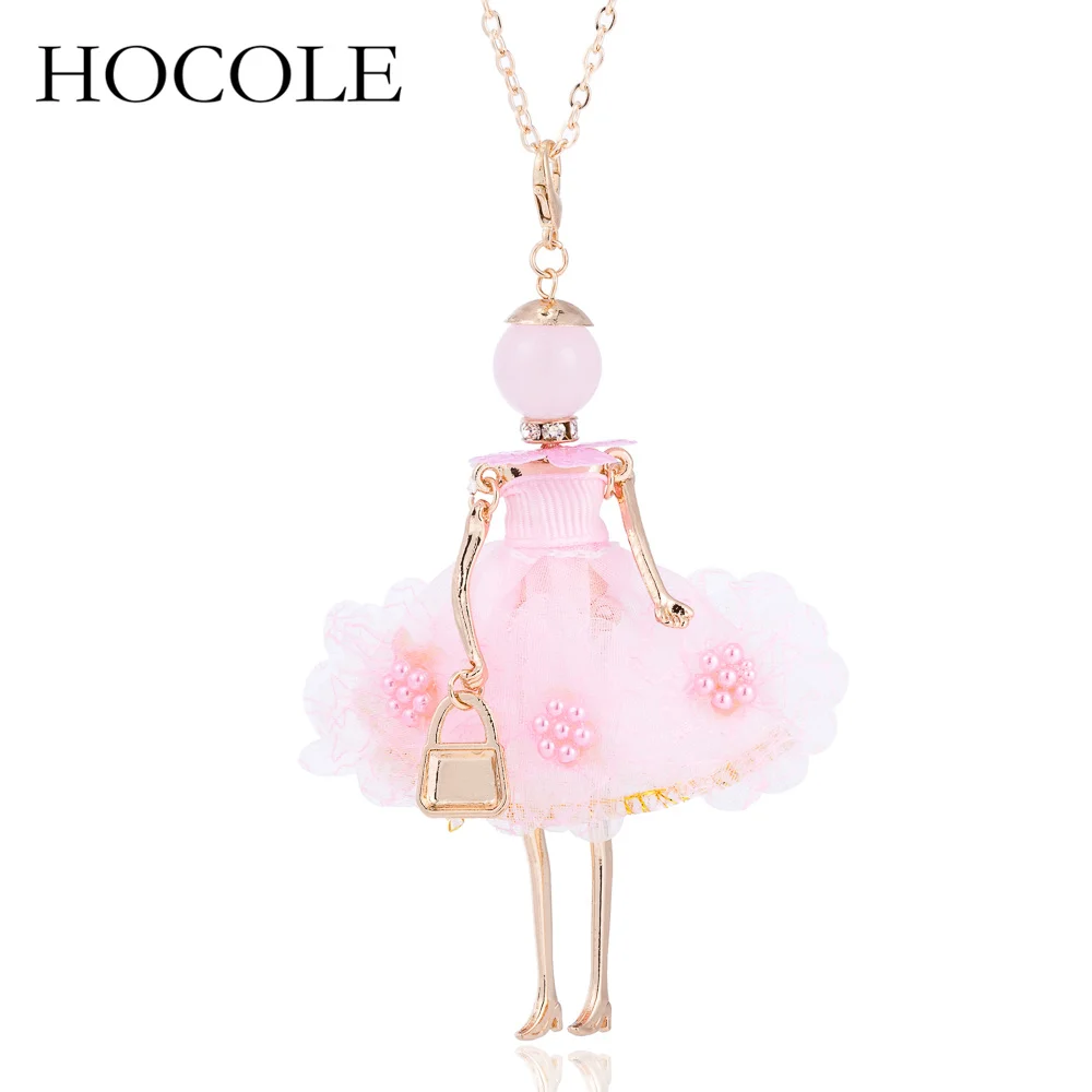 

HOCOLE Statement Flower Dress Doll Necklace Handmade Girl Doll Pendant Necklaces 2018 New Pink/Yellow Women Fashion Jewelry