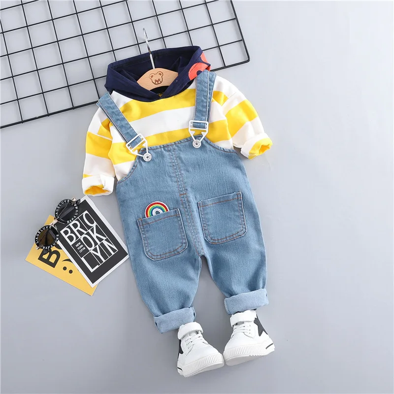

Boy Girl Clothing Striped Hooded Shirt overall Jeans Set For Children Kid Baby Spring Autumn Cotton Girls Infant Clothing Suits