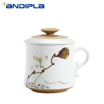 

330ml Coarse Pottery Hand Painted Lotus Teacup Chinese Kung Fu Tea Sets Coffee Cups Office Puer Tea Cups with Filter Master Cup