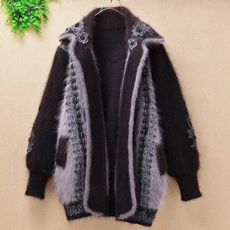 

Female vintage knitted oversized fuzzy angora rabbit fur loose embroidery beading cardigan long sleeves mink sweater coat winter