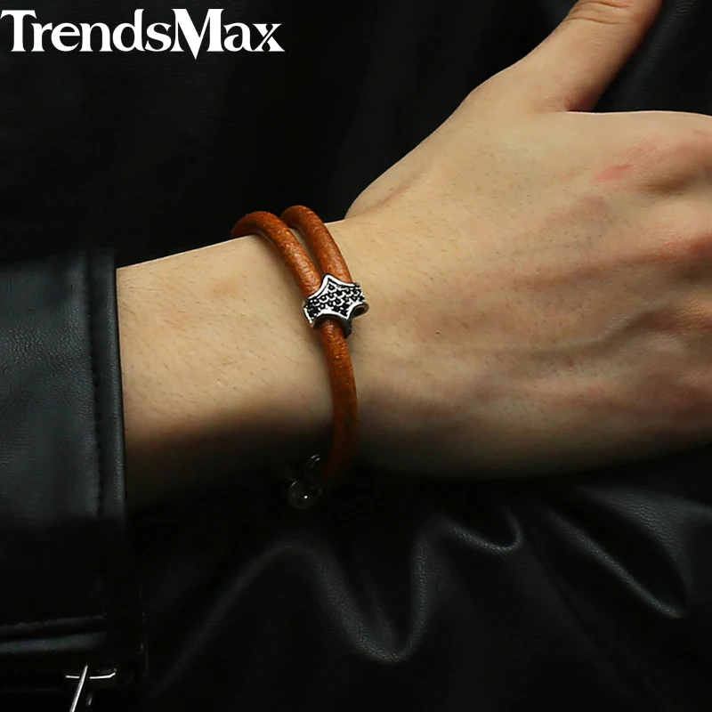 Trendsmax кожаный браслет для мужчин из нержавеющей стали черный стразы Шарм мужской