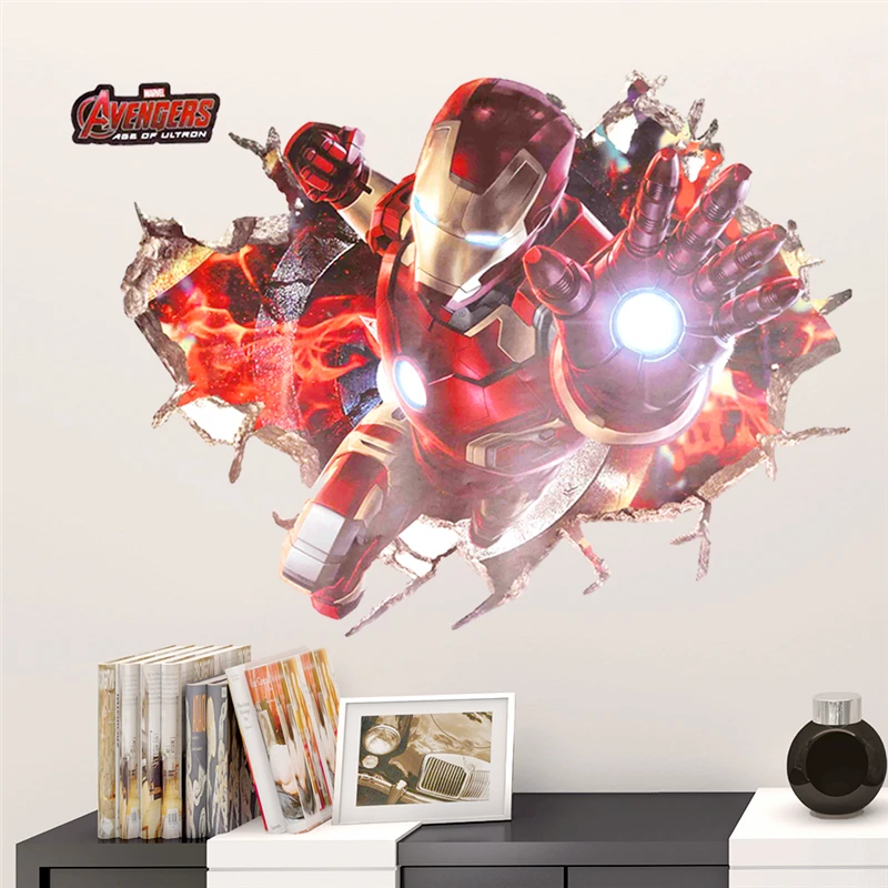 3d эффект герой Железный человек через наклейки на стену для детской комнаты настенная живопись садик наклейки декор обои "Мстители" плакат «сделай сам»
