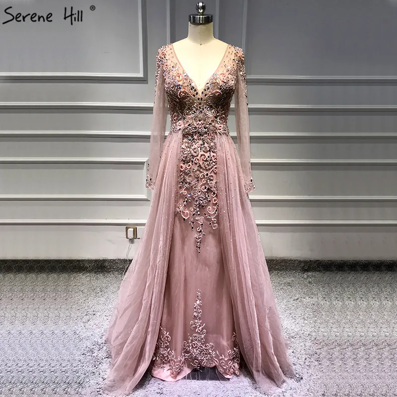 Сексуальное вечернее платье с v-образным вырезом и длинным рукавом, а-силуэт, Модный бисер с бриллиантом и шлейфом, вечернее платье LA6571