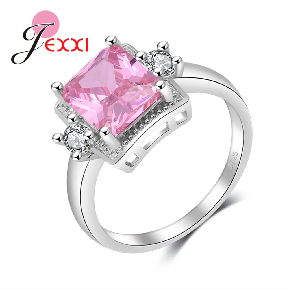 

925 Sterling Silver Rings For WomenCute Big Pink Square Crystal Anniversary Ring For Girl AAA Cubic Zirconia Fahion