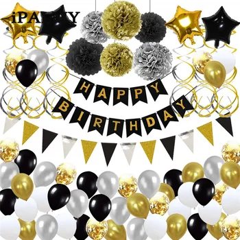 

ipalmy 72pcs HAPPY BIRTHDAY Party Decorations Set Silver Gold and Black Paper Pom Poms Hanging Flag Balloons Party Supplies