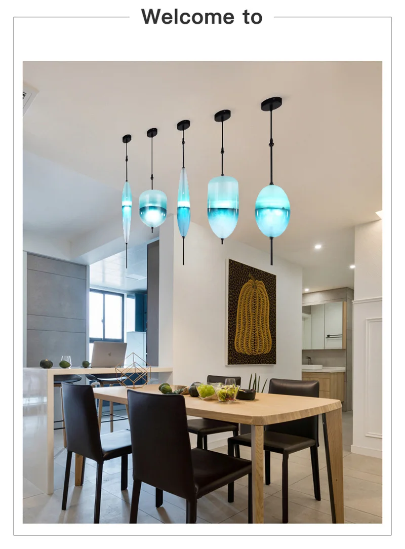 Nordic Art Deco Teardrop-shaped Blue Gradient Glass Pendant Lights LED Modern Simple Hanging Lamp for Dining Living Room Restaurant (20)