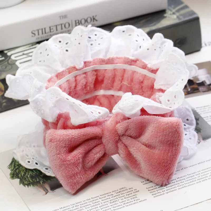 

Soft Carol Fleece Girls Kids Lace Bow Headband Bow Lace Headband Headwear Elastic Hair Band Spa Headband Wash Face