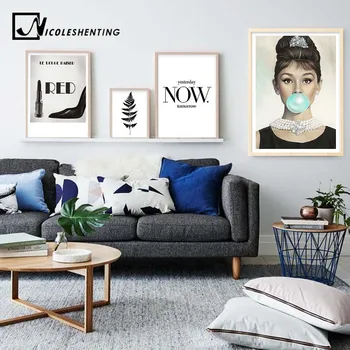 

Audrey Hepburn Bubbles Wall Art Canvas Fashion Poster Black White Lipstick Leaf Prints Painting Picture Modern Room Decoration