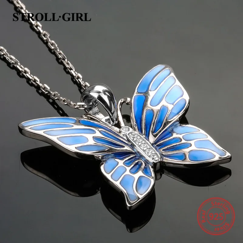 StrollGirl Стерлинговое Серебро 925 милые Подвески бабочки с голубой эмалью модные серебряные ювелирные изделия