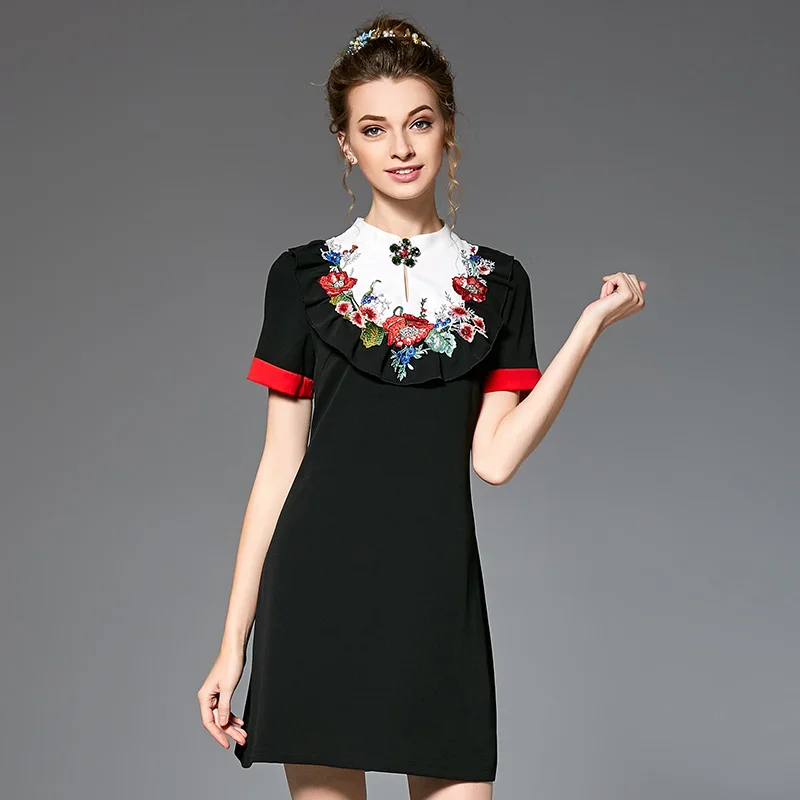 Buy Cheap Ouyalin L-5XL Lolita Summer Dress Plus Size Frill Embroidery Detail Mandarin Collar Short Sleeve Slim Fit Short Dresses Red