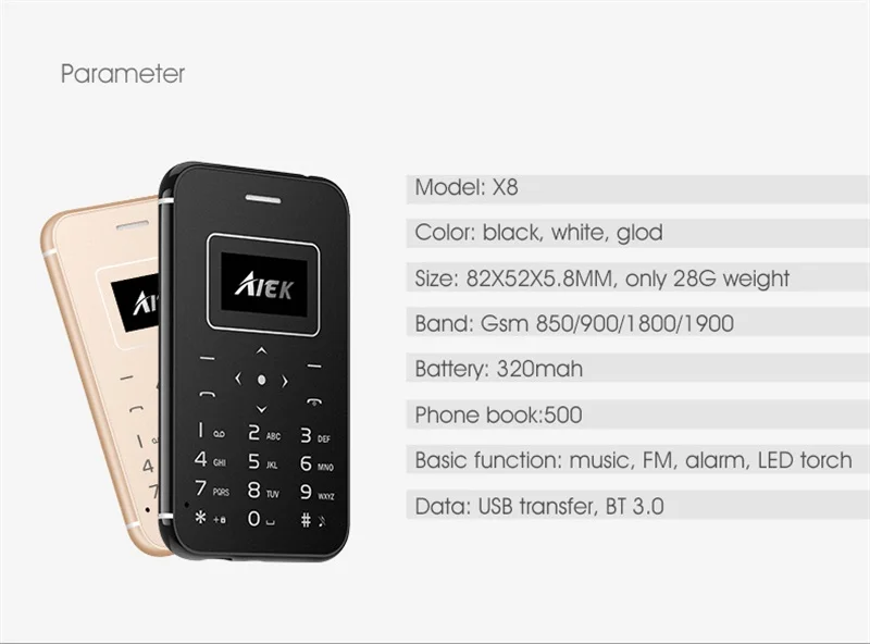 Ультратонкий телефон для кредитных карт AIEK X8 Bluetooth 3,0 320mAn аккумулятор светодиодный фонарик мини карманный мобильный телефон