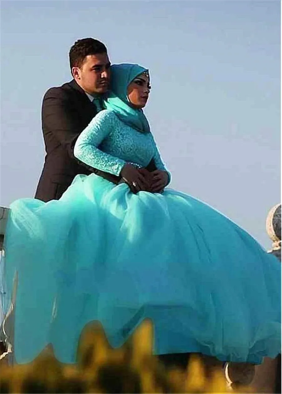 Великолепный Тюль натуральный Waisline бальное платье Арабский исламский Свадебные платья с пояс со стразами мусульманское свадебное платье Синий