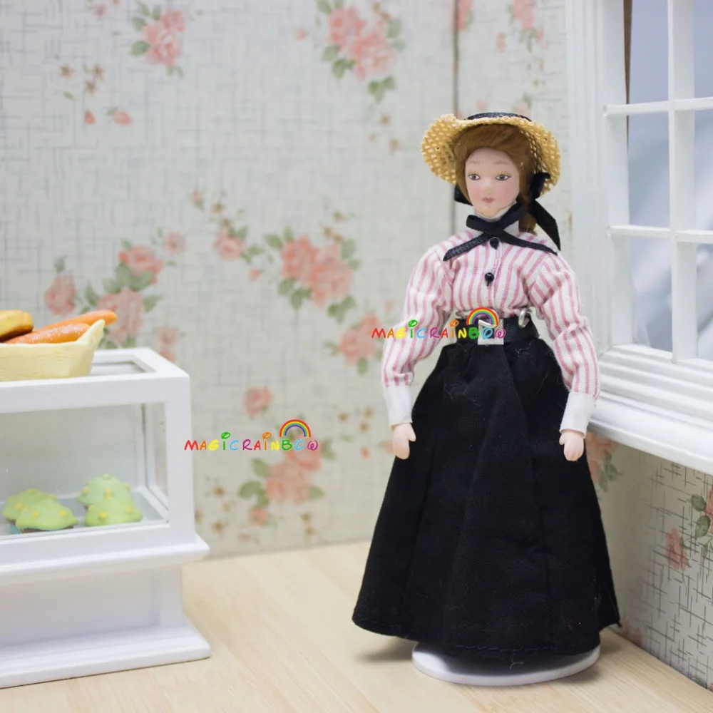 

Victorian Doll Lady Girl Black Dress Straw Sun Hat Dollhouse Miniatures 1:12 Scale Adorable