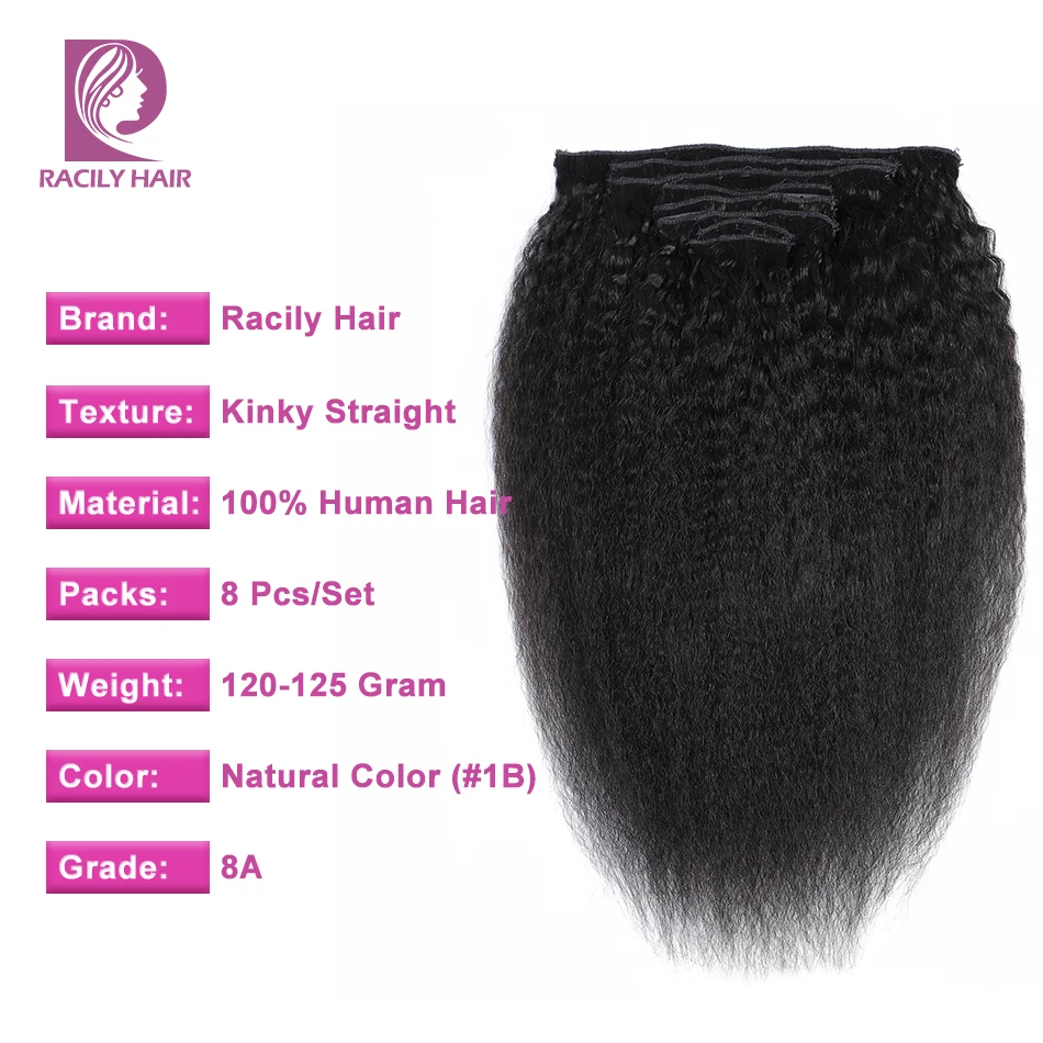 Ceny Racily włosy Afro perwersyjne proste spinki do włosów w doczepy z ludzkich włosów 8 sztuk zestaw klip Ins brazylijski Remy włosy 10 26 cali uwalnia statek