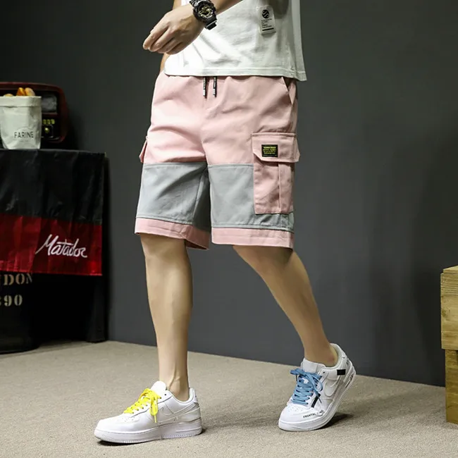 Летние Стильные хип-хоп шаровары шорты по колено шорты в уличном стиле мужские большие карманы розовые карго шорты LBZ114 - Цвет: pink