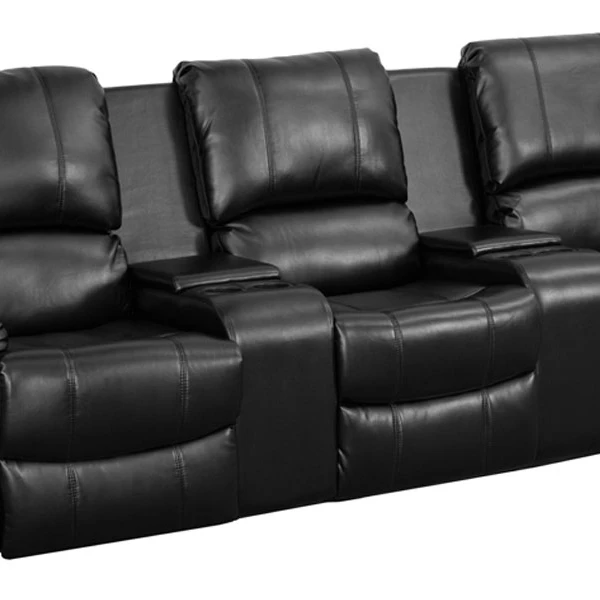 Offex Black Leather Pillowtop 3-Seat Home Theater Recliner with Storage Consoles [OF-BT-70295-3-BK-GG]